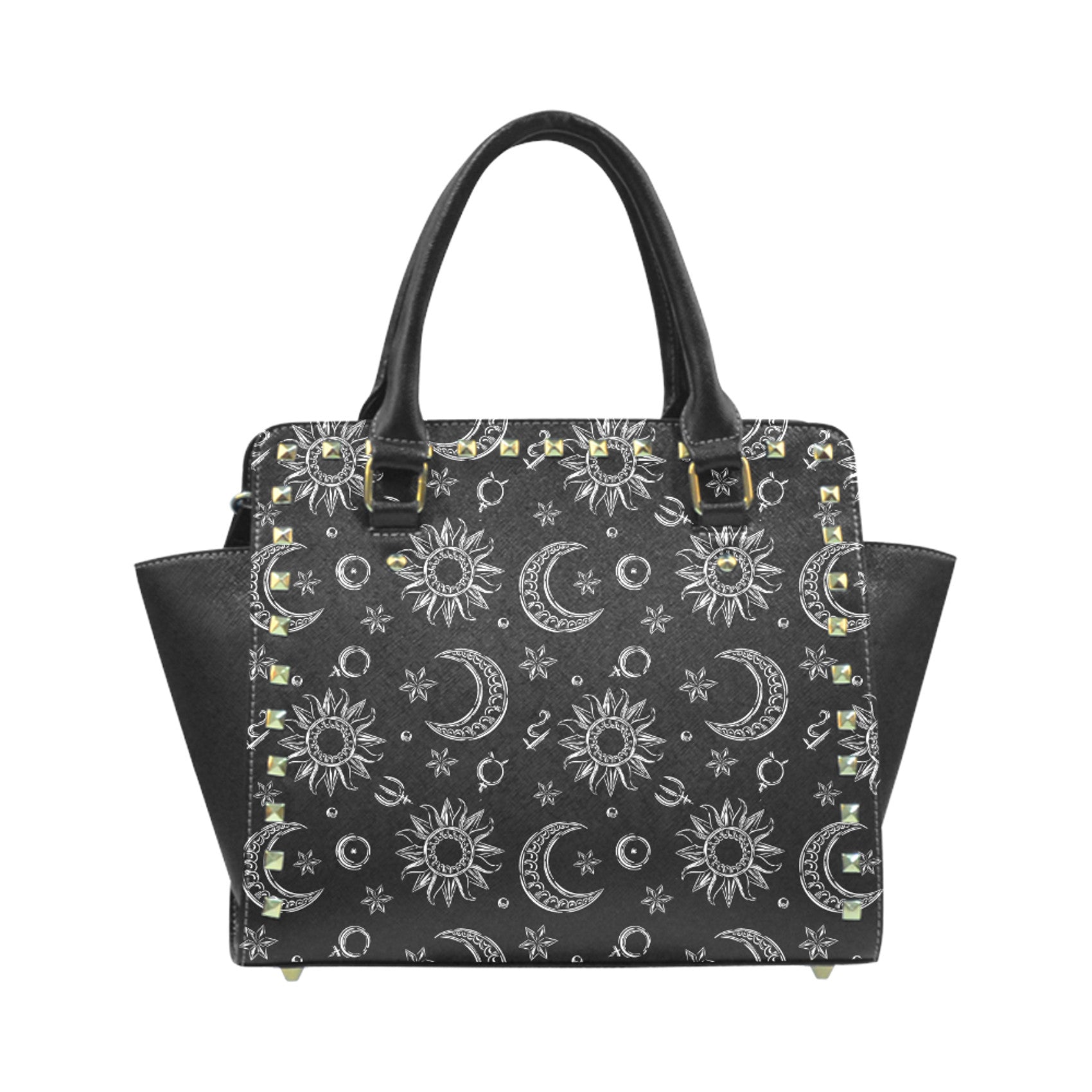 Black handbag with celestial pattern on a white background