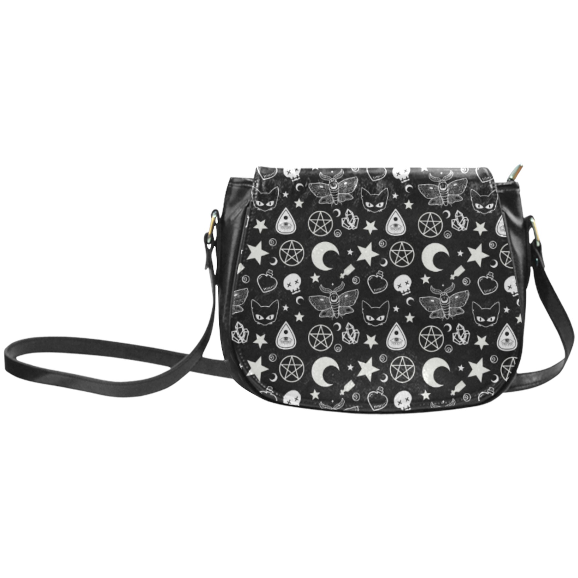 black saddle bag with witch pattern