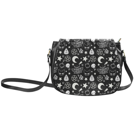 black saddle bag with witch pattern
