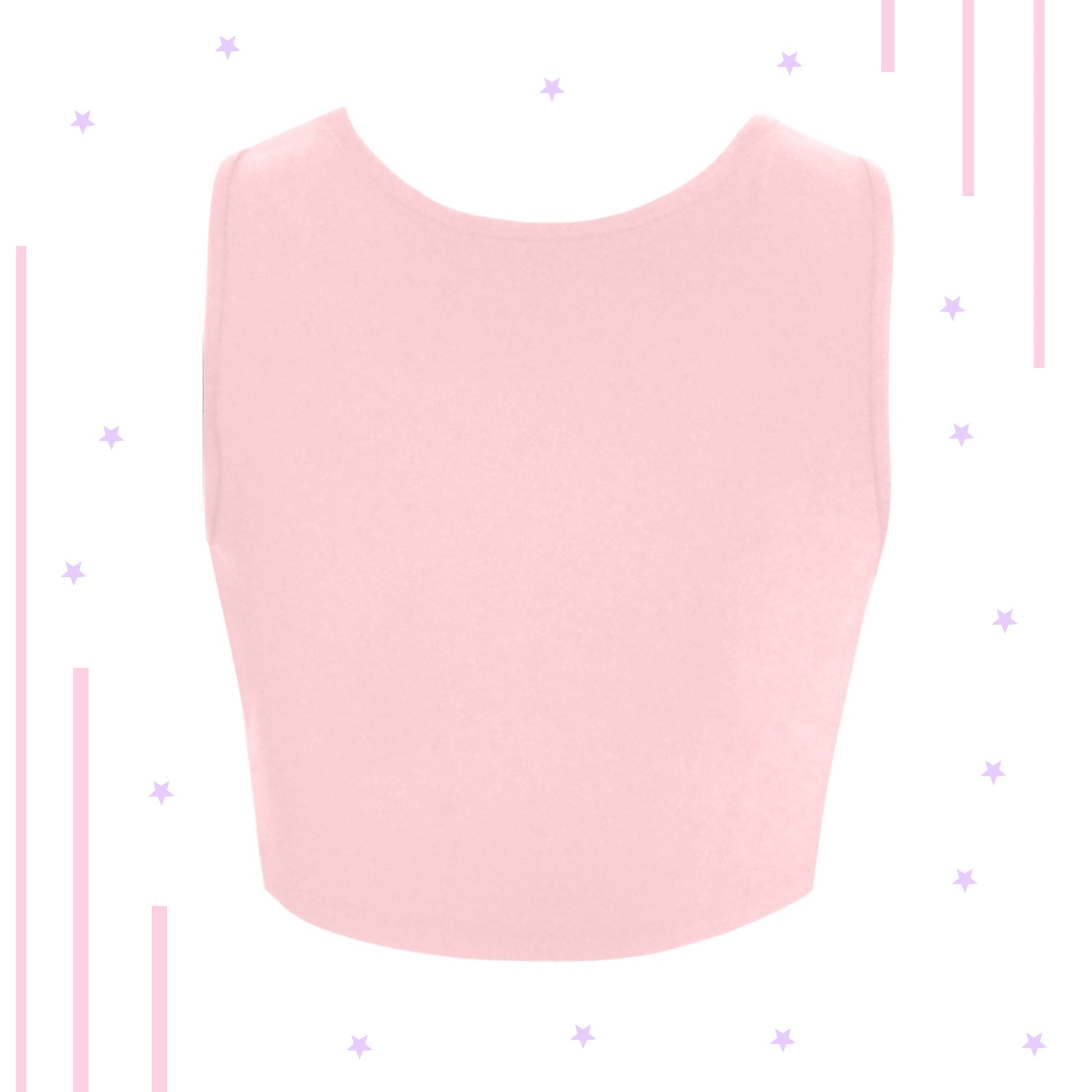Pink and purple pastel kawaii crop top displayed on patterned  background.